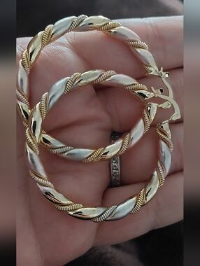 14k Plated Tri-Tone Twisted Hoop Earrings - Gold, Rose & Silver